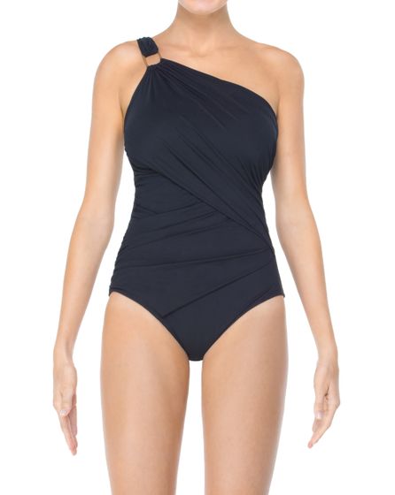Whittle Waistline Draped One Shoulder One Piece in Black Close Up