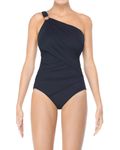 Whittle Waistline Draped One Shoulder One Piece in Black Close Up