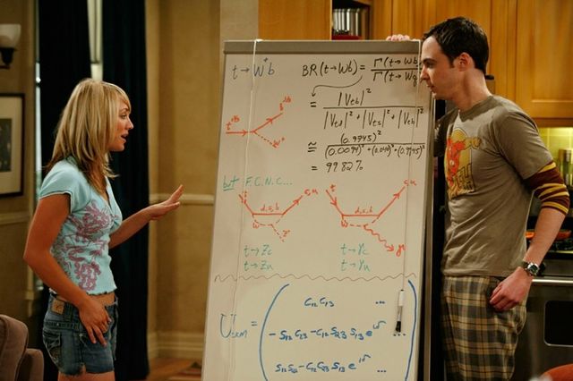 “Big Bang” characters Penny and Sheldon with one of Saltzberg's meticulously accurate whiteboards. This one describes the decay of quarks. “Big Bang” characters Penny and Sheldon with one of Saltzberg's meticulously accurate whiteboards. This one describes the decay of quarks.