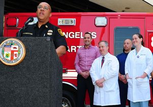 LAFD Interim Chief James Leatherstone, Jode Lebeda and UCLA medical staff