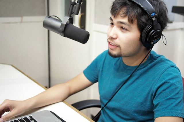 Tyler Millies in the studio of KPFK-FM