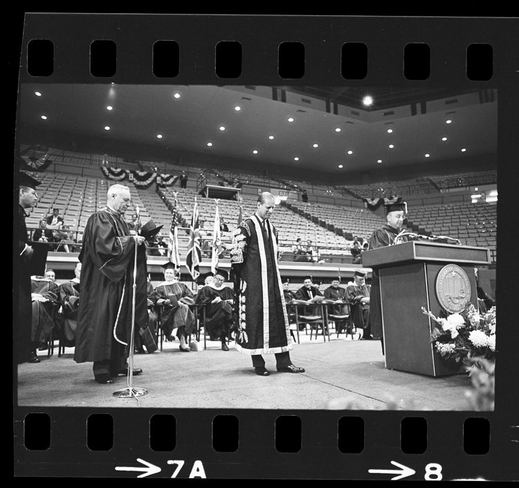 Regent Edward W. Carter and UCLA's Clark Kerr joined Britain's Prince Philip on stage to present an honorary law degree to Queen Elizabeth’s husband in 1966. Prince Philip spoke at UCLA Charter Day, celebrating the 98th anniversary of the University of California.