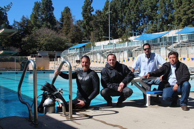 Left to right: UCLA Facilities Managenment mechanics Chad Conrad, Kendrick Giraldo, Alfredo Ruvalcaba and Hannibal Martinez at Dirks pool.