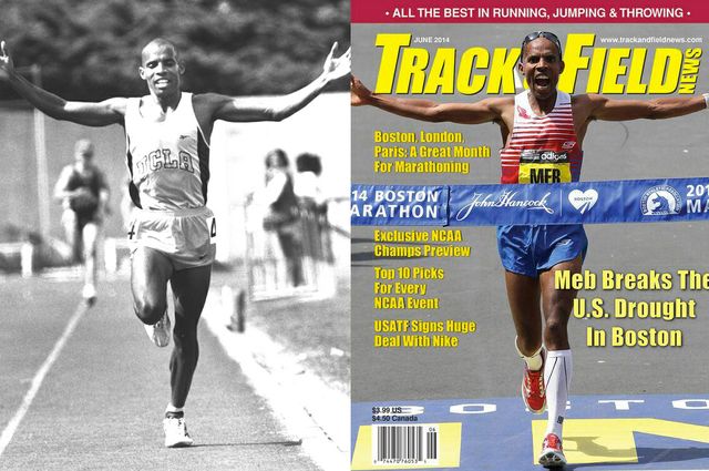 Meb Keflezighi ('99) during his days at UCLA and on the cover of Track & Field Magazine in June 2014 after winning the Boston Marathon. Meb Keflezighi