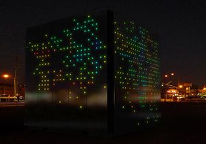 At night, the Long Beach Mobile ArtSpace comes to life with an LED light show. For art performances, it folds out into a stage with lighting and even a green room for performers. Once built, it will be transported to different communities on a flatbed truck.