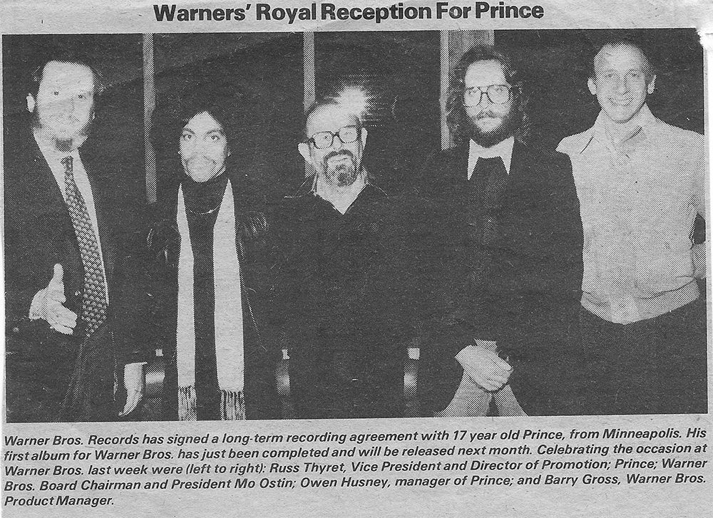 Newspaper photo that appeared after Prince signed his first record contract with Warner Bros.