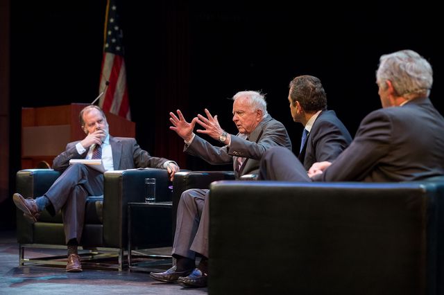 Los Angeles Mayors Panel All sitting in a row on a stage, Jim Newton interviews three former mayors of Los Angeles