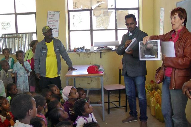 UCLA professor Willeke Wendrich speaks at a school in Ethiopia