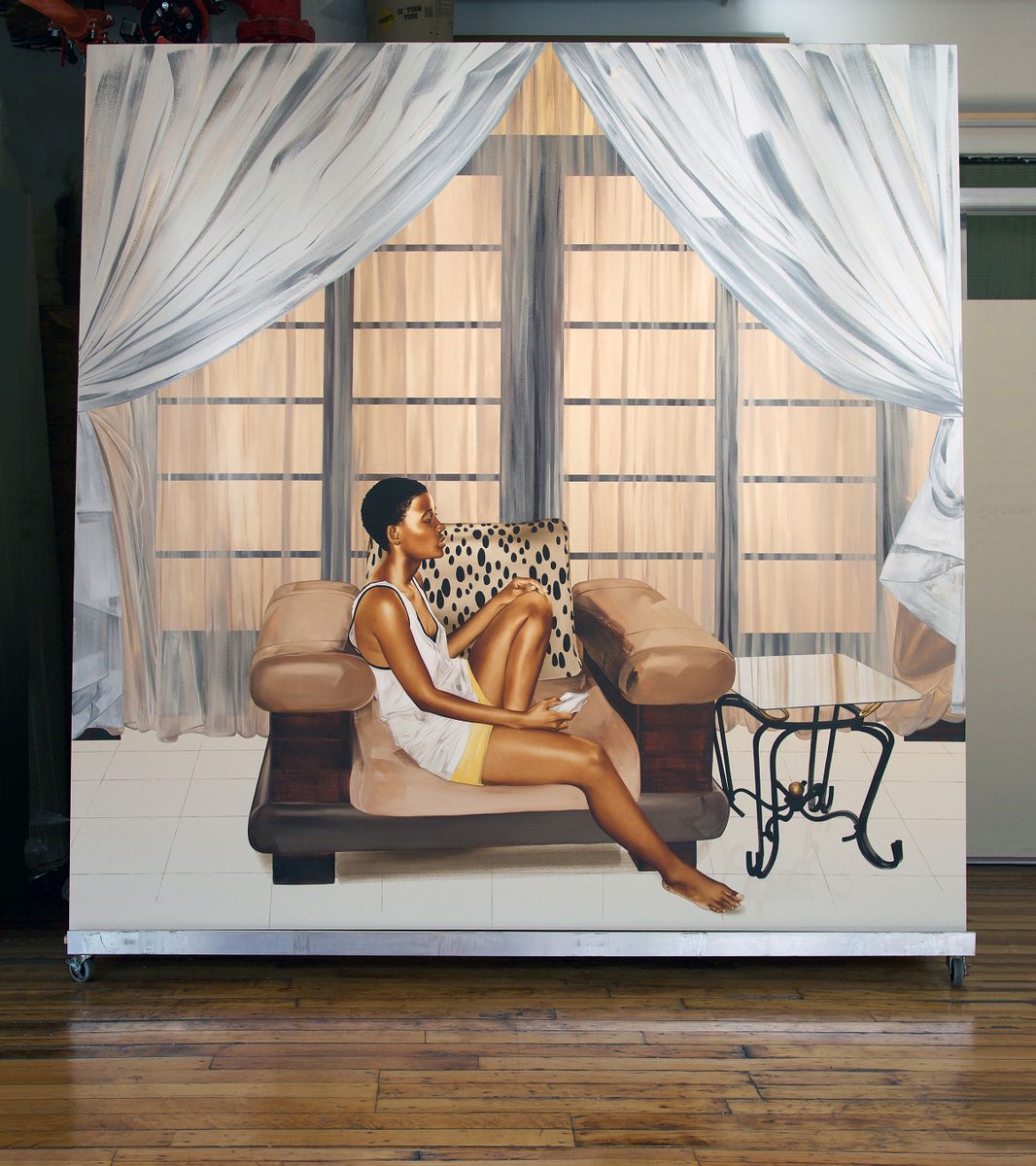 Meleko Mokgosi, “Democratic Intuition, Bread, Butter and Power” (studio view), 2017. Meleko Mokgosi, “Democratic Intuition, Bread, Butter and Power” (studio view), 2017.