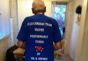 Claude Bruni wore a shirt at the 2017 L.A. Marathon that honors the people at Reagan UCLA Medical Center and his cardiac surgeon, Dr. Richard Shemin.