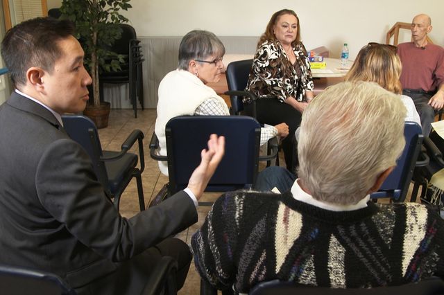Dr. Zaldy Tan gives feedback to caregivers during a role-playing session at UCLA Health’s Alzheimer’s Caregiver Boot Camp. Dr. Zaldy Tan gives feedback to caregivers during a role-playing session at UCLA Health’s Alzheimer’s Caregiver Boot Camp.