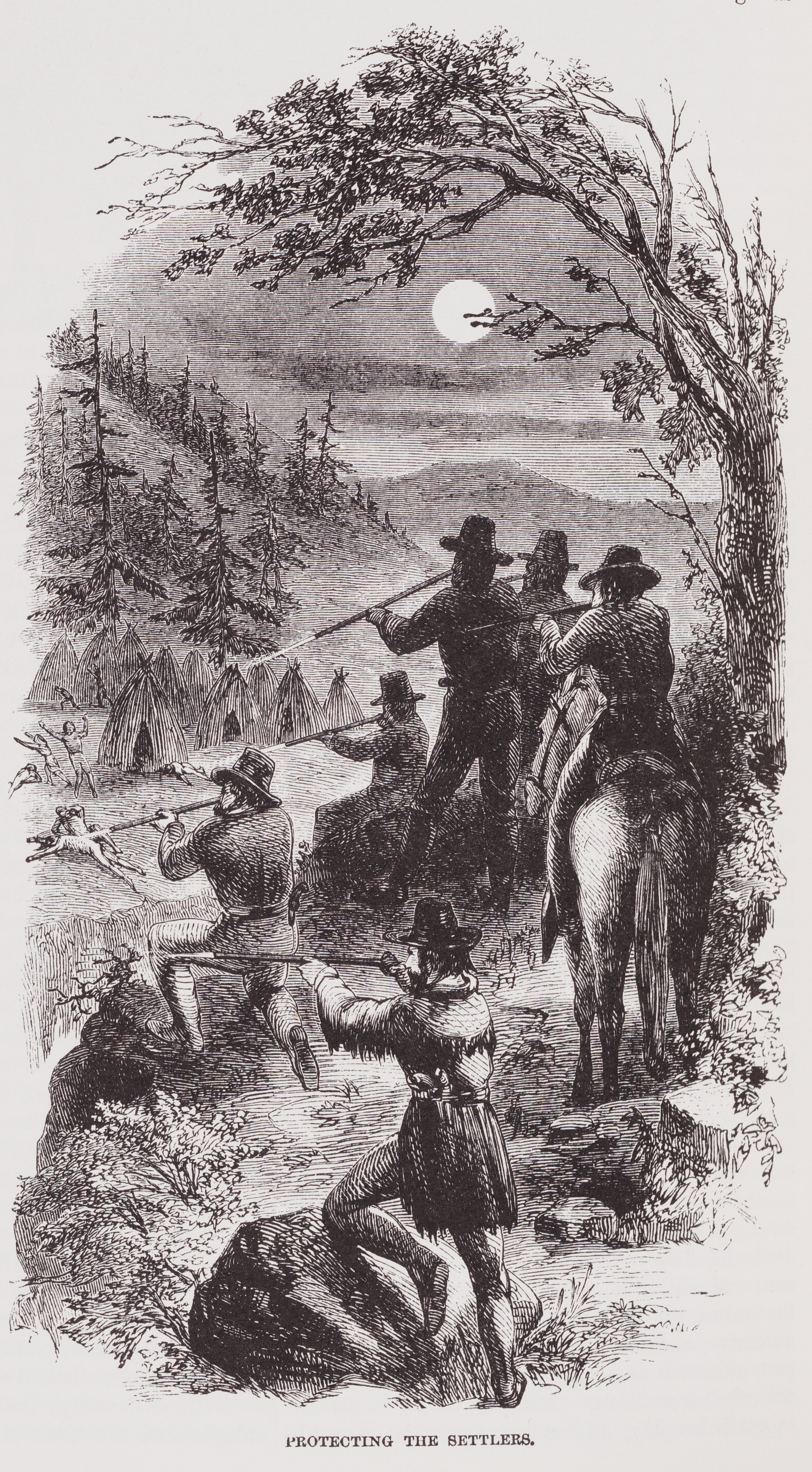 Illustration from American Genocide of men shooting people from atop a hill.