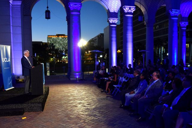 UCLA Chancellor Gene Block speaks to the crowd at the 2017 UCLA in Downtown L.A. reception. UCLA Chancellor Gene Block speaks to the crowd at the 2017 UCLA in Downtown L.A. reception.