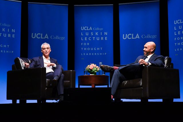 Rahm Emanuel talks with UCLA’s Darnell Hunt. Rahm Emanuel and Darnell Hunt talking on stage at Royce Hall