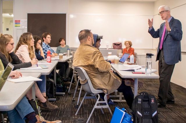 Gray Davis talks to a class at UCLA.