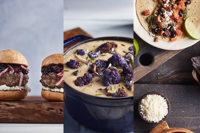 Bison burger sliders, roasted cauliflower soup and tacos from the Bruin Plate Cookbook. Pictures of bison burger sliders, roasted cauliflower soup and tacos from the Bruin Plate Cookbook.