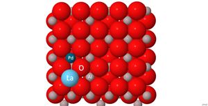 Space filling model for the La and Pd on the g-alumina (100) surface. Atoms are: oxygen/red, aluminum/gray, palladium/dark blue, and lanthanum/light blue. The La atoms sit in the four fold hollows on the alumina surface and help to trap the Pd atoms nearby.