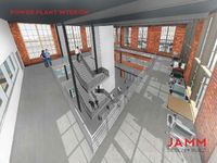 An interior perspective of the renovated power plant on the site. It was renovated to include an Earth Sciences Program for Pomona College.