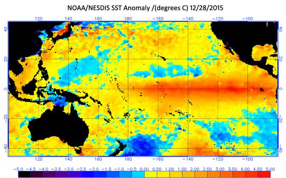Sea surface temperature anomaly helps illustrate the location of El Niño; the distinct red shaded area along the equatorial Pacific Ocean.
