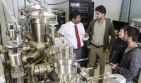 The Molecular Beam Epitaxy System is one of the many instruments that allows CHTM to conduct world class research. Pictured l. to r.: Dr. Sanjay Krishna, Ahmad Mansoori, Emma Renteria and Sadhvikas Addamane.