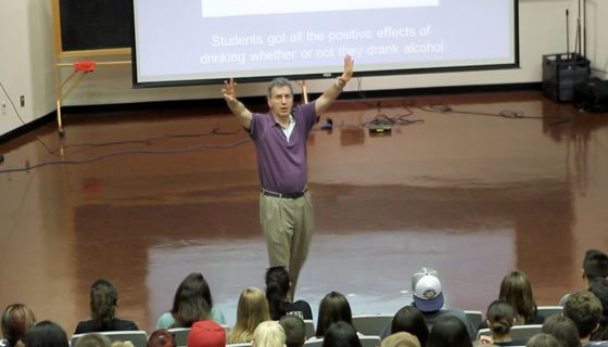 Peter De Benedettis addresses freshmen at a recent New Student Orientation session.