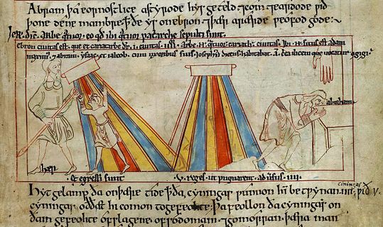 A page from the Anglo-Saxon translation of the first six books of the Bible. This manuscript depicts text and images of Abraham's sacrifice of Isaac and dates back to the first half of the eleventh century.