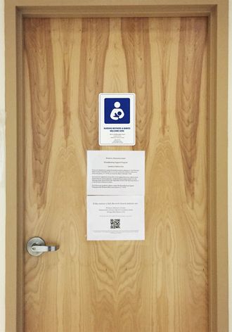 "Nursing Mothers & Babies Welcome Here," signs are on most of the lactation stations. Lactation Station Sign