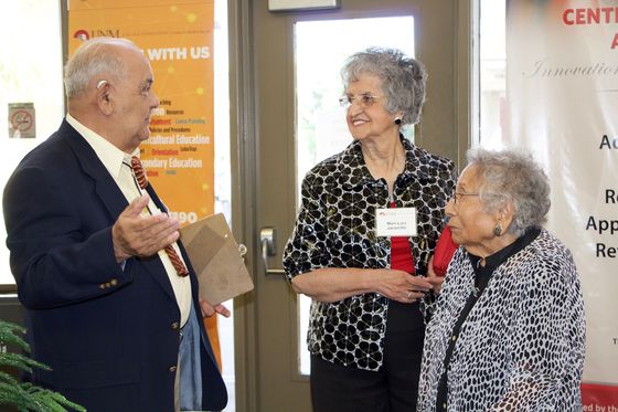 CNM President Emeritus Ted Martinez, U.S. Ambassador Mari-Luci Jaramillo and Associate Professor Emeritus Anita Bradley Pfeiffer enjoying talking about their long history with education in New Mexico. The College of Education recently held a luncheon to honor Jaramillo and other emeriti and former faculty. UNM College of Education