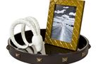 Nate Berkus Decorative Ram’s Head, Nate Berkus Quilted Lacquer 5”x7” Picture Frame in Yellow, and Nate Berkus Round Studded Tray in Brown