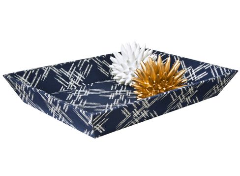 Nate Berkus Crosshatch Fabric Covered Tray (18”x13”x2.5”H) and Nate Berkus Decorative Urchin in Brass and White