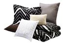 Nate Berkus Mini Nepal Chevron Duvet Set in Onyx (full/queen,) Nate Berkus Saville Row Pillow in White, Nate Berkus Chunky Knit Pillow in Cream with Gold-Detailing, and Nate Berkus Scattered Stud Pillow in Charcoal and Chocolate