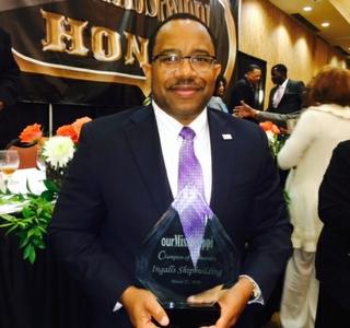 Edmond Hughes, Ingalls Shipbuilding’s vice president of human resources and administration, accepted the diversity and inclusion award on behalf of the shipyard at the Our Mississippi Honors Gala on March 21. Photo by Amanda Vallejo/HII Edmond Hughes Accepts Diversity and Inclusion Award