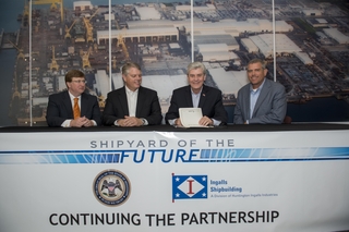 Gov. Phil Bryant (third from left) participates in the ceremonial signing of the “Shipyard of the Future” bill at Ingalls Shipbuilding, along with (left to right) Lt. Gov. Tate Reeves, Ingalls Shipbuilding President Brian Cuccias and Mississippi House Speaker Philip Gunn. Photo by Andrew Young/HII "Shipyard of the Future" Bill Signed