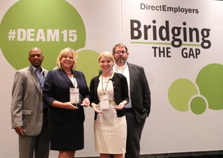 Ingalls Shipbuilding employees (left to right) Carlos Lett, Angela Woodruff, Sidni Wafler and Fred Howell accept two awards on behalf of the shipyard’s Talent Acquisitions team at this year’s DirectEmployers Annual Meeting and Conference. Ingalls won the overall award for VEVRAA compliance initiatives and the runner-up award for recruitment marketing campaigns. Photo courtesy of DirectEmployers Ingalls Shipbuilding Wins DirectEmployers Awards