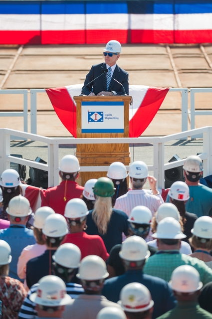 Secretary of the Navy Ray Mabus addressed an audience of shipbuilders during his tour of HII’s Ingalls Shipbuilding division. Photo by Lance Davis/HII Secretary of the Navy Ray Mabus Visits Ingalls Shipbuilding