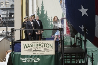 Elisabeth Mabus, daughter of Secretary of the Navy Ray Mabus, smashed a bottle of sparkling wine across the bow of Virginia-class submarine Washington (SSN 787) today, christening the submarine named for the Evergreen State. Washington will be the seventh Virginia-class submarine to be delivered by Newport News Shipbuilding. Photo by John Whalen/HII Washingon (SSN787) is Christened