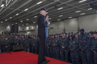 Secretary of the Navy Ray Mabus met with more than 1,000 shipbuilders and sailors to thank them for their hard work on the construction and testing of the aircraft carrier Gerald R. Ford (CVN 78). Photo by John Whalen. Mabus Visits Newport News Shipbuilding