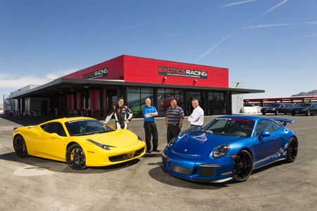 Pictured in front of Exotics Racing’s new facility with a couple of high performance race cars are Romain Thievin (l-r), co-owner of Exotics Racing, John Wilcox and Roman Perez of City National, and David Perisset, co-owner of Exotics Racing. Exotics Racing’s new facility
