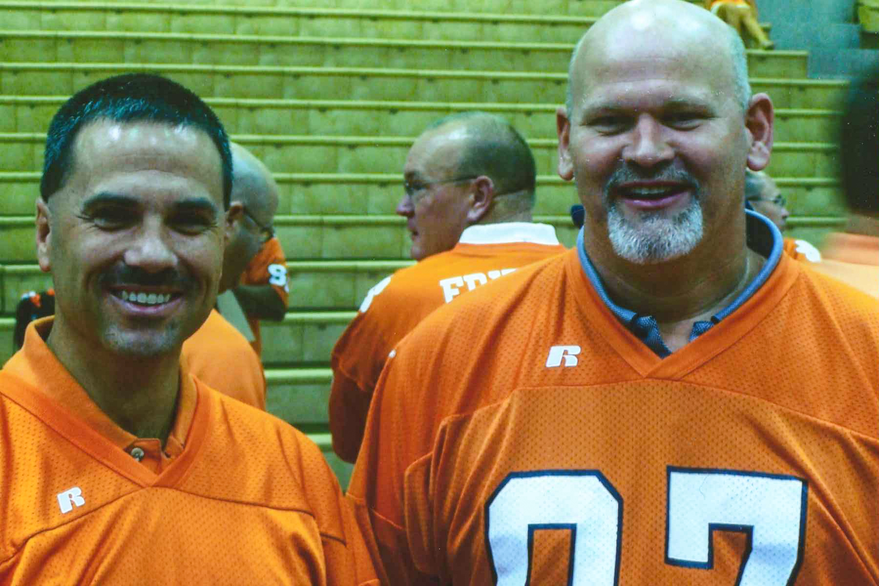 Gillespie, right, and Darrin Mc Neely, left, at a reunion. GillespieMcNeelyClemsonEdited