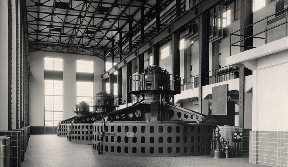 The powerhouse contains three generating units each capable of producing 8.5 megawatts of power. While some equipment upgrades have occurred over the years, much of the generating equipment is original and dates to the mid-1920s. 2018-0105Rhodhiss interior 1928