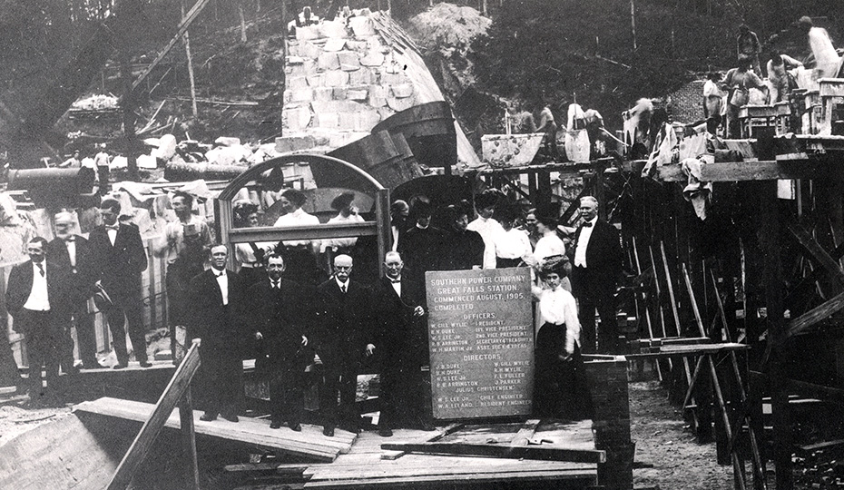 Dedication of the dam at Great Falls, S.C., in 1906. Front row, from left, W.S. Lee, Benjamin Duke, Dr. Gill Wylie, James B. Duke and Mary Lillian Duke. 2018-0109-duke-historyDEDICATION