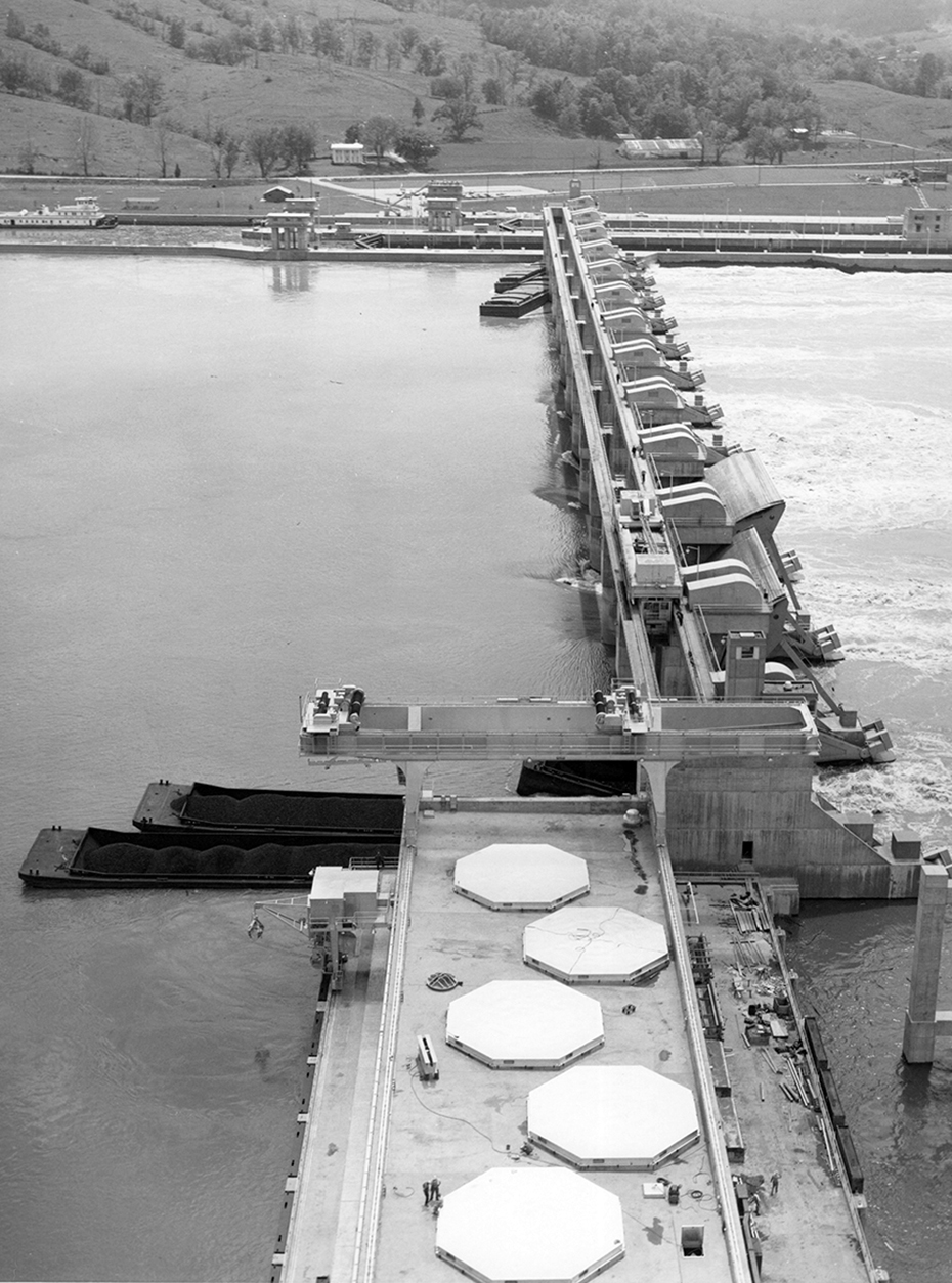 The powerhouse locks and dam, looking south, 1967. Because of its role in the development of hydropower on the Ohio River and the first non-government hydroelectric station on the river, Markland was deemed eligible for the National Register of Historic Places in 2017. 2018-0119-Markland-Hydro-lock-1967