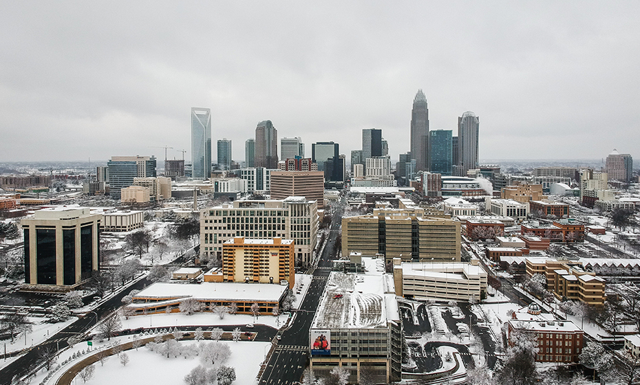 Duke Energy's Charlotte, N.C., headquarters during the January snow. 2018-0129-Winter-Weather-Demand