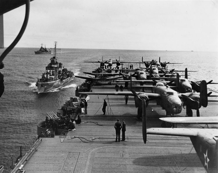 Crews and their B-25 Mitchell bombers are lined up on the deck of the USS Hornet in preparation for their raid on Imperial Japanese military and industrial targets in April 1942. (U.S. Air Force photo) Why the B-21 Raider got its name