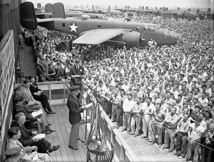 Brig. Gen. Jimmy Doolittle, promoted two ranks following the successful raid, thanks B-25 aircraft plant workers in Inglewood, California, in June 1942 for their support. (U.S. Air Force photo) Why the B-21 Raider got its name