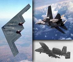 Clockwise (from left): B-2 Spirit Stealth Bomber, F-14 Tomcat, A-10A Thunderbolt II Trademark and copyright photo