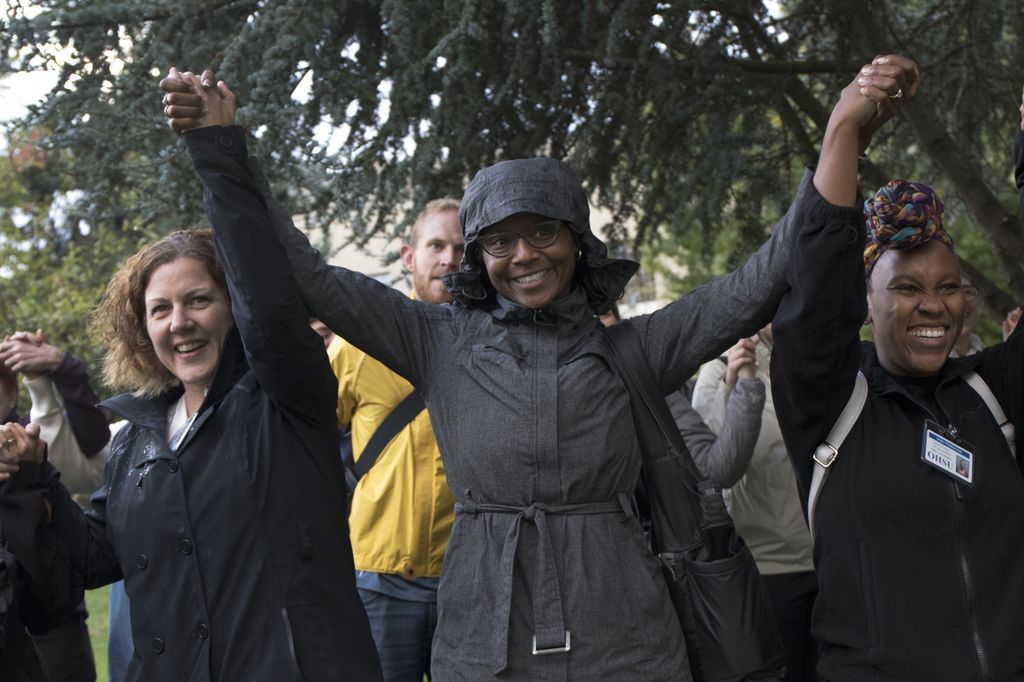 Faculty, employees and students of OHSU came together in a display of unity against gun violence at an event on Tuesday, October 4, 2016 at the Mackenzie Hall fountain. (OHSU/Kristyna Wentz-Graff) 2016 Stand Together