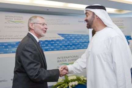 HH General Sheikh Mohamed bin Zayed Al Nahyan Crown Prince of Abu Dhabi Deputy Supreme Commander of the UAE Armed Forces greets Dr Glen Daigger, President of the International Water Association. 